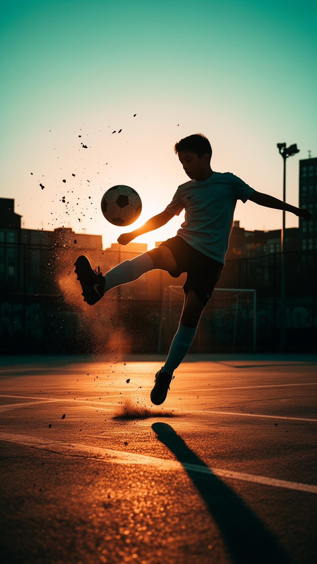 Player kicking ball at sunset